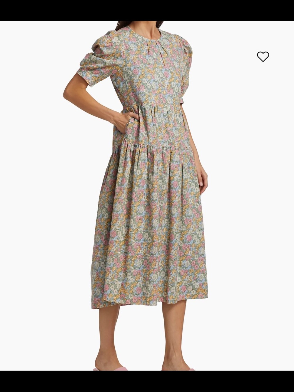 En Saison Pastel Floral Puff-Sleeve Midi Dress in Pink, Yellow & Blue